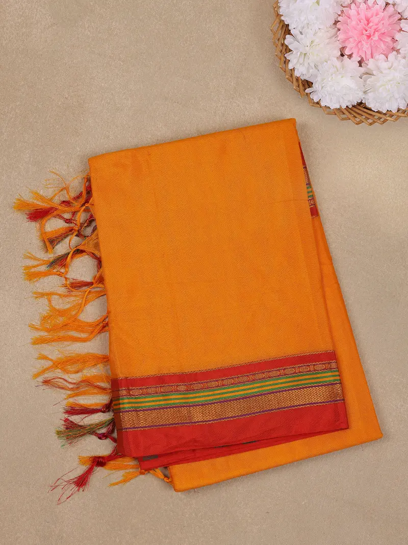 Yellow Solid Design Semi Silk Cotton Saree With Contrast Border 1