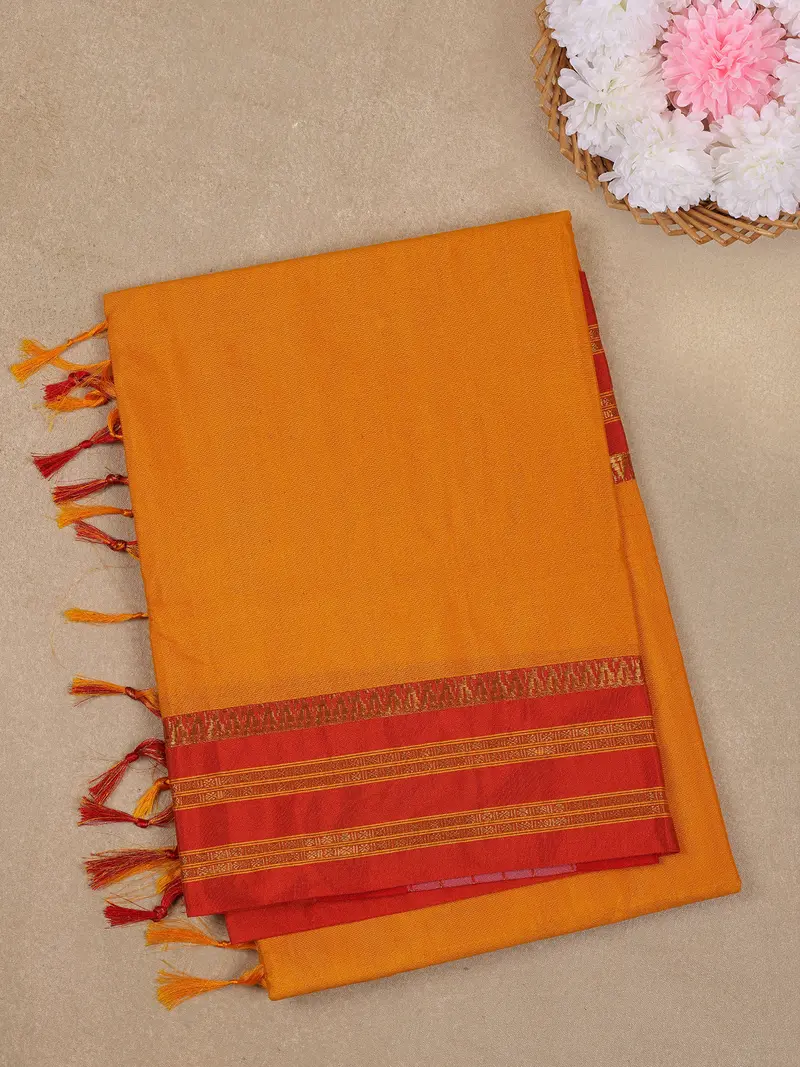 Yellow Solid Design Semi Silk Cotton Saree With Contrast Red Border 1