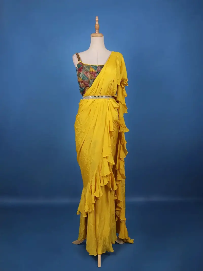 Yellow Solid Designed Ruffle Drape Georgette Ready To Wear Saree 1