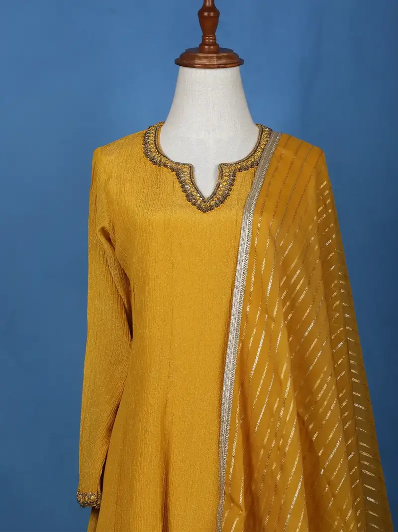 Yellow Solid Zardosi Worked Semi Silk Salwar Suit 1