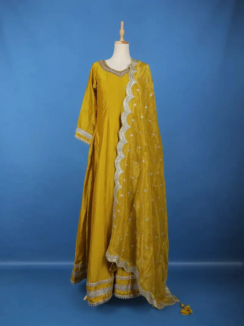 Yellow Stone Embellished Georgette Anarkali Suit With Scalloped Dupatta 1