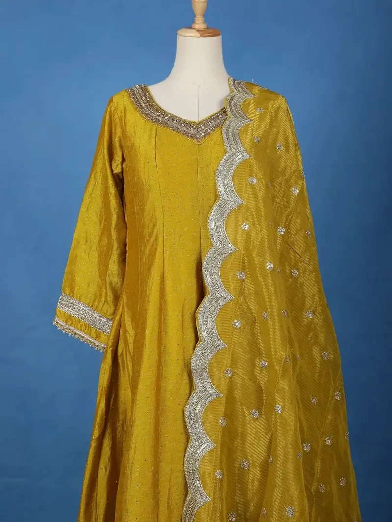 Yellow Stone Embellished Georgette Anarkali Suit With Scalloped Dupatta 2