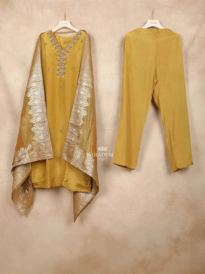 Yellow Straight Cut Salwar Suit Adorned With Embroided Floral Design With Dupatta 1