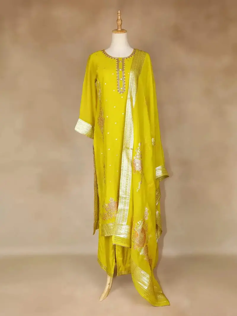 Yellow Straight Cut Salwar Suit Adorned With Floral Designs, With 3/4 Sleeve And Matching Dupatta 1