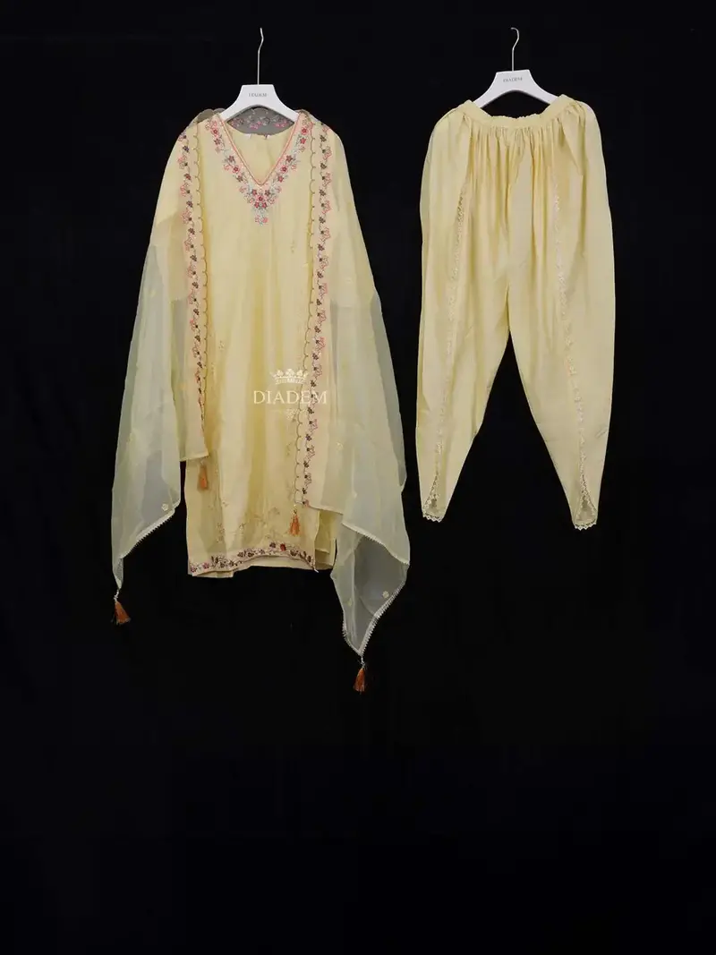 Yellow Straight Cut Salwar Suit Adorned With Sequins And Floral Design With Dupatta 1