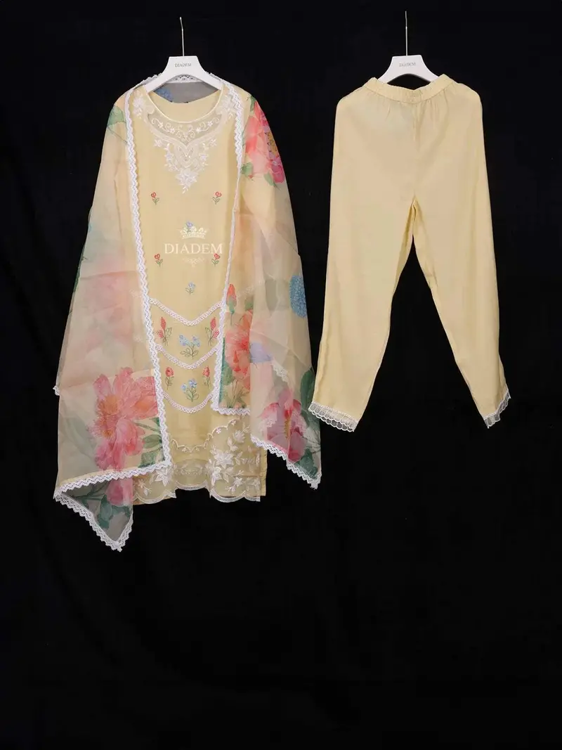 Yellow Straight Cut Salwar Suit Adorned With Sequins And Flower Design With Dupatta 1