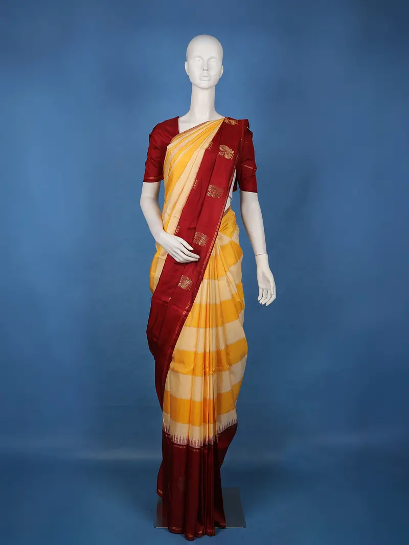 Yellow Striped Woven Design Pure Kanchipuram Silk Saree 1