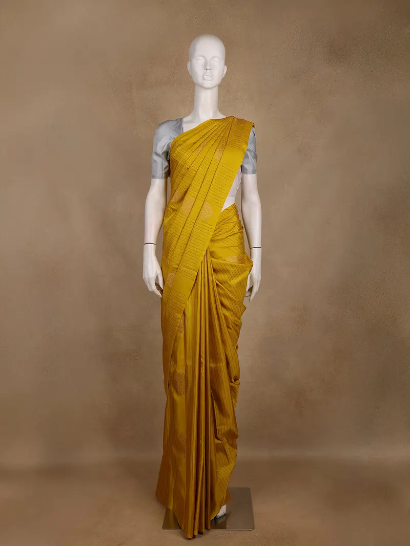 Yellow Stripes And Butta Woven Pure Kanchipuram Silk Saree 1
