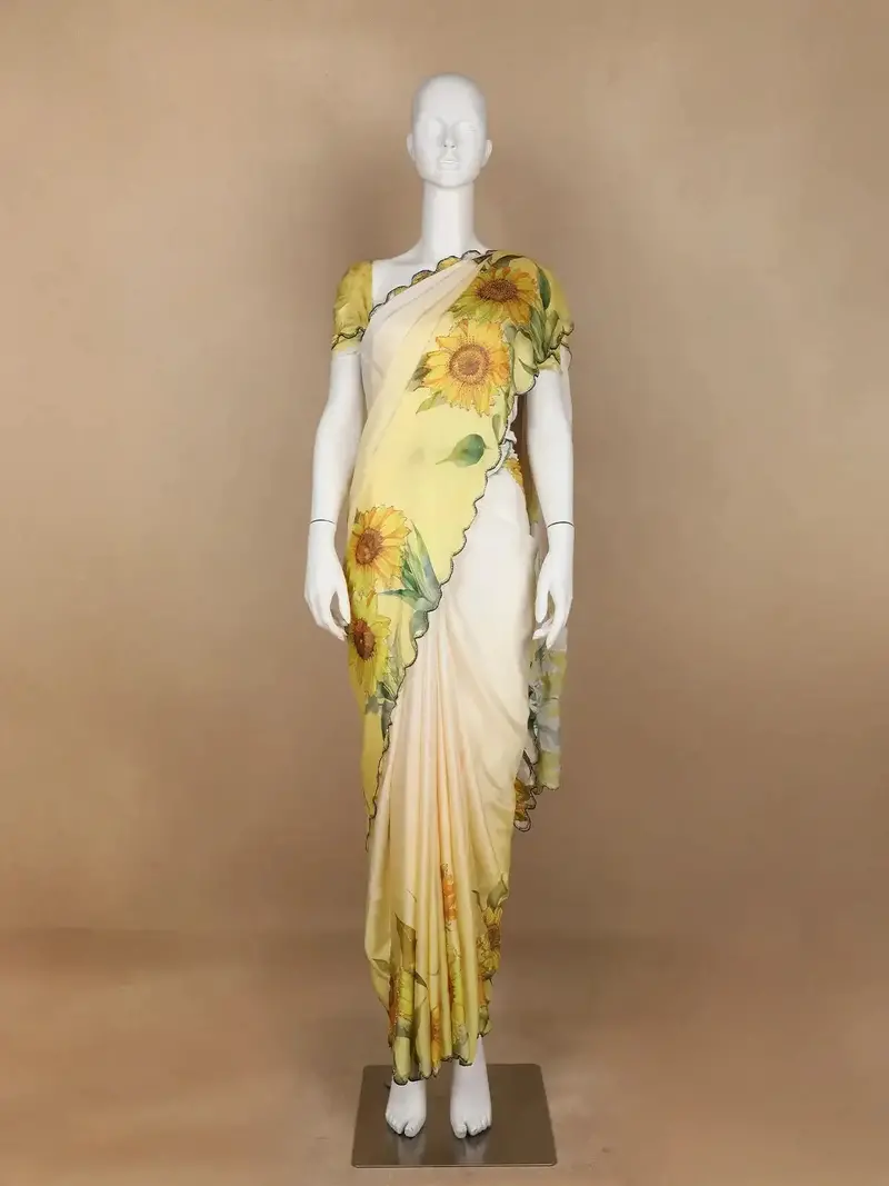 Yellow Sun Flower Designed Satin Fancy Saree 1