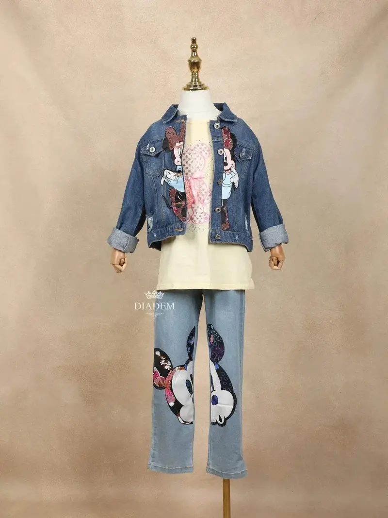 Yellow T-Shirt With Teddy Sequence Paired With Blue Denim Jacket And Pant Adorned With Mickey Mouse 1