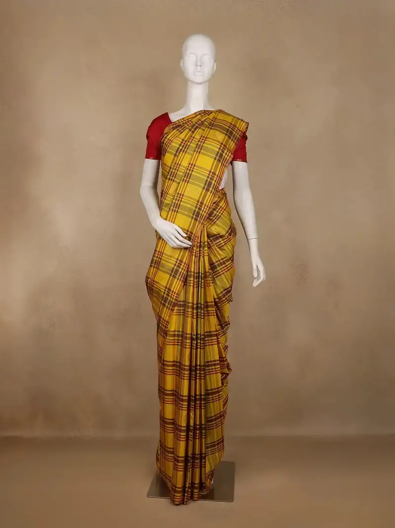 Yellow With Multicolor Checks Woven Pure Kanchipuram Silk Saree 1