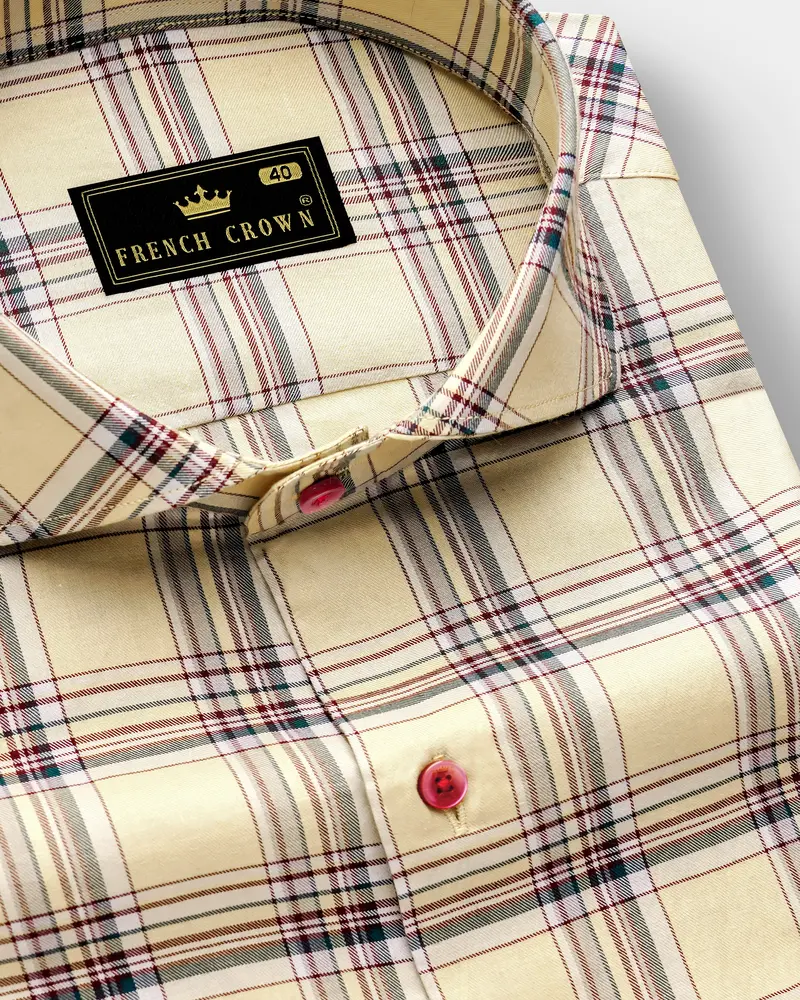 Yellowish Orange With Green Cyan Checks Plaid Twill Premium Cotton Shirt 1