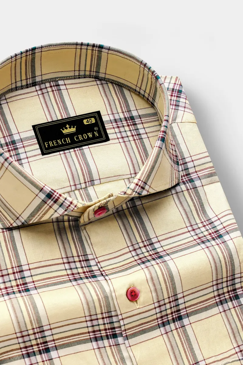 Yellowish Orange With Green Cyan Checks Plaid Twill Premium Cotton Shirt 2