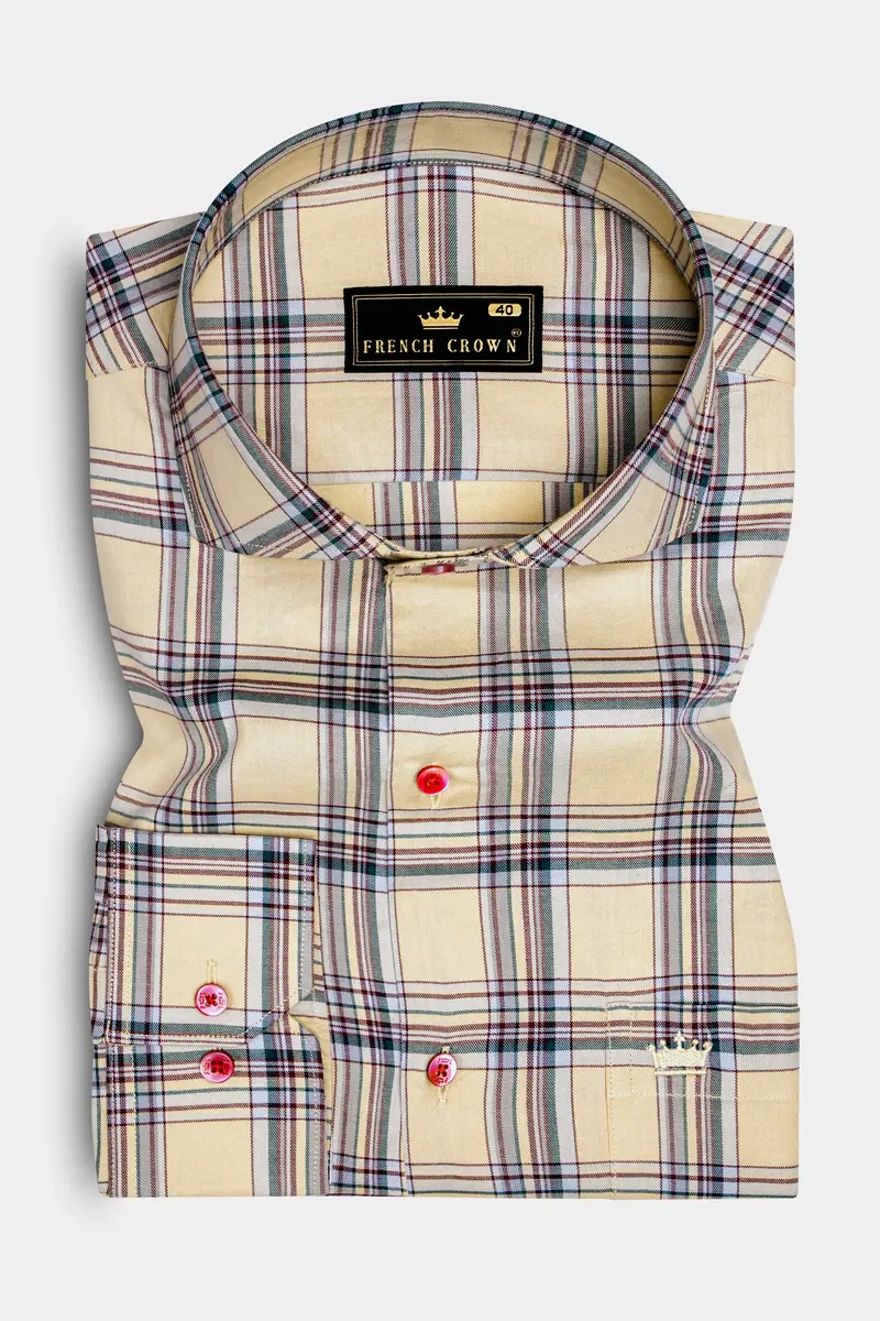 Yellowish Orange With Green Cyan Checks Plaid Twill Premium Cotton Shirt 4