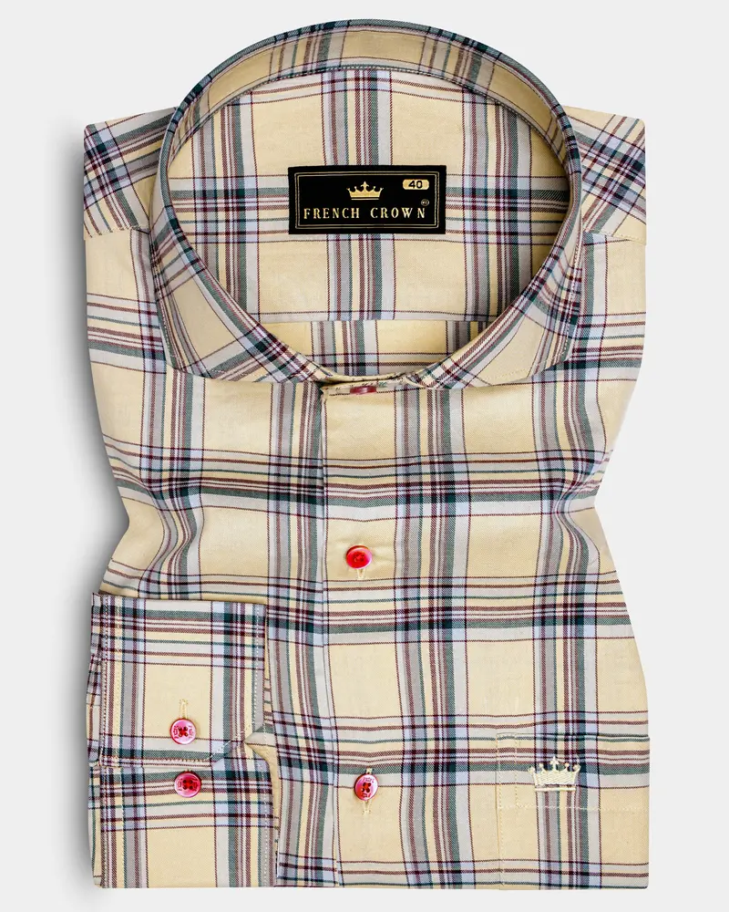 Yellowish Orange With Green Cyan Checks Plaid Twill Premium Cotton Shirt 6