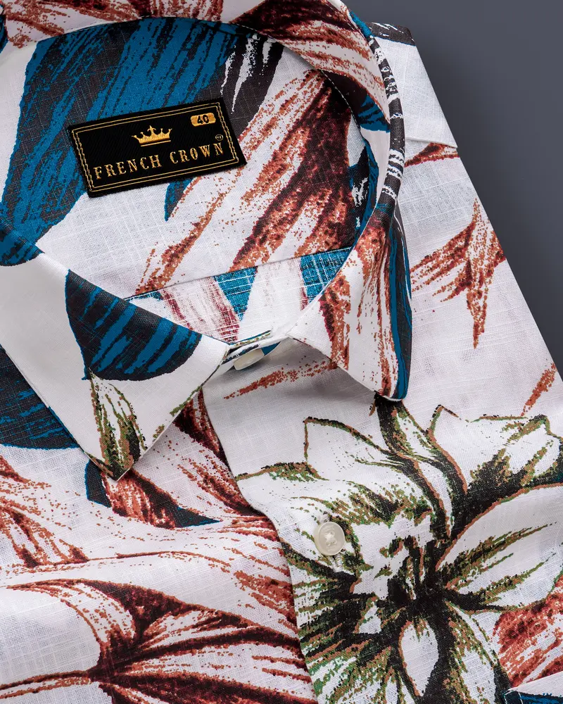 Zafflora-Bright White And Bahama Blue Floral Printed Luxurious Linen Casual Shirt 1