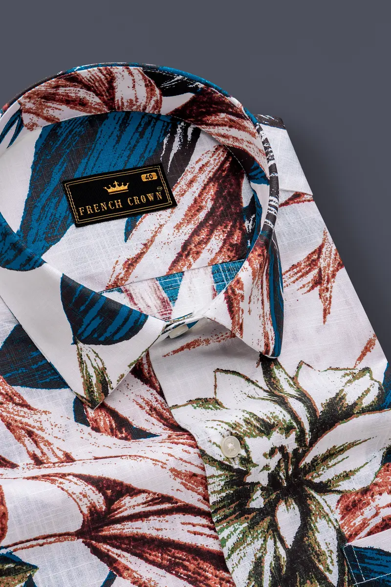 Zafflora-Bright White And Bahama Blue Floral Printed Luxurious Linen Casual Shirt 2