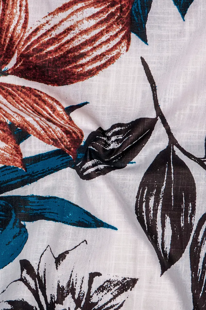 Zafflora-Bright White And Bahama Blue Floral Printed Luxurious Linen Casual Shirt 3