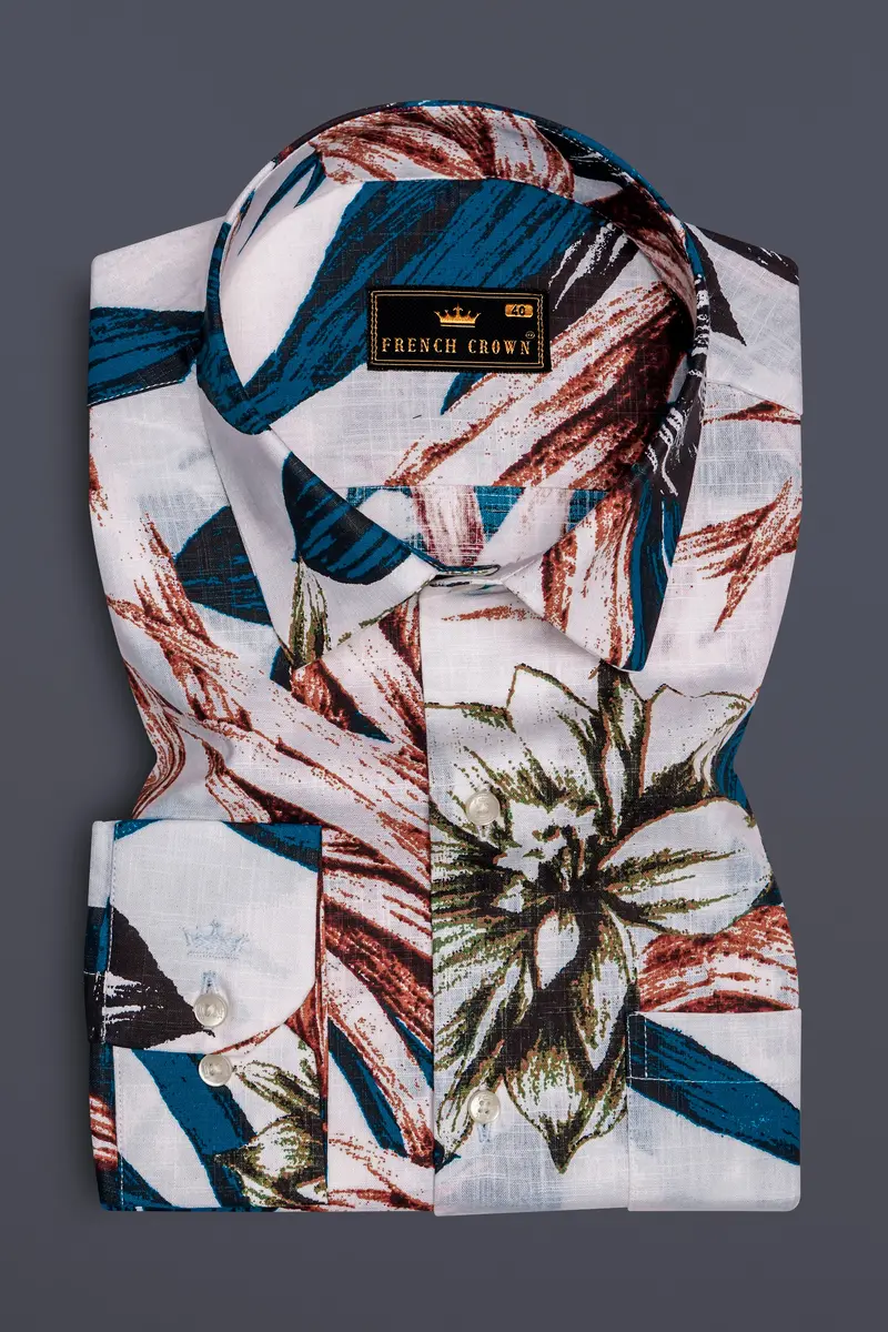 Zafflora-Bright White And Bahama Blue Floral Printed Luxurious Linen Casual Shirt 4