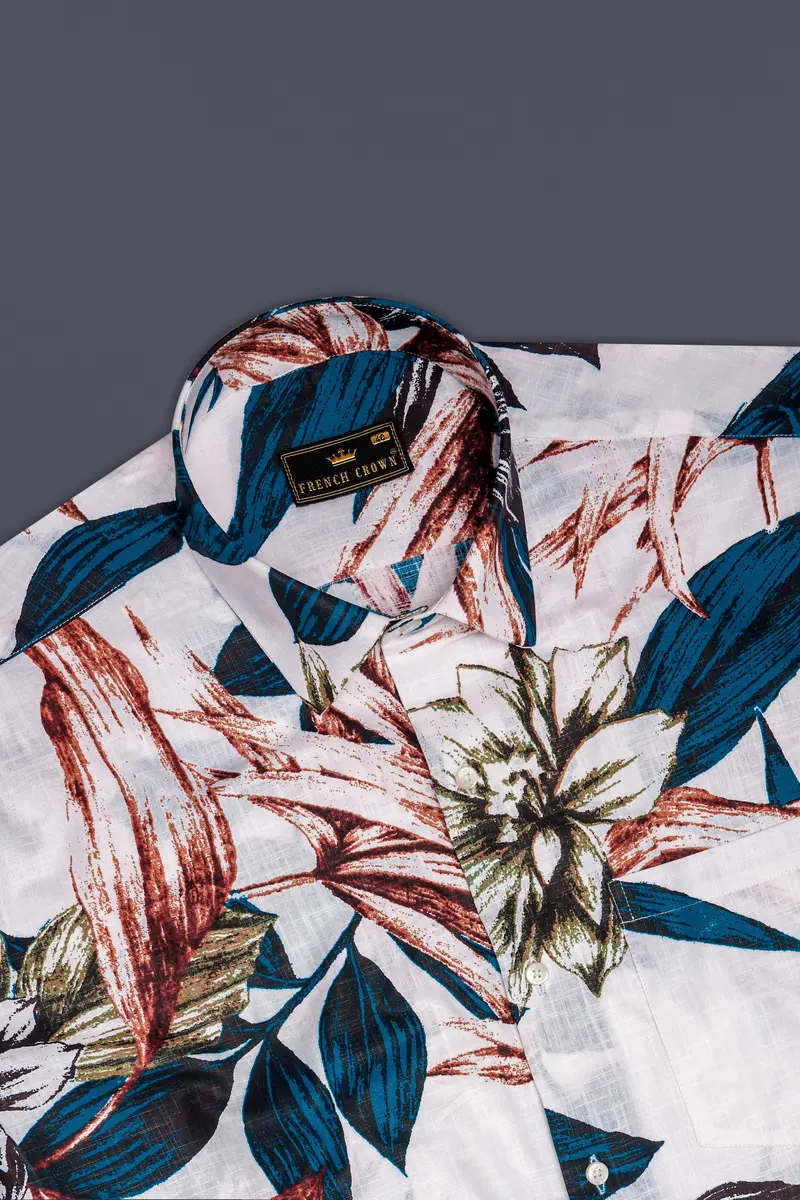 Zafflora-Bright White And Bahama Blue Floral Printed Luxurious Linen Casual Shirt 5