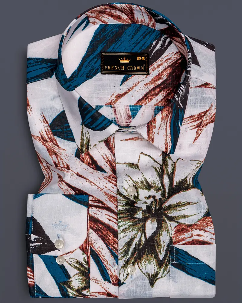 Zafflora-Bright White And Bahama Blue Floral Printed Luxurious Linen Casual Shirt 6