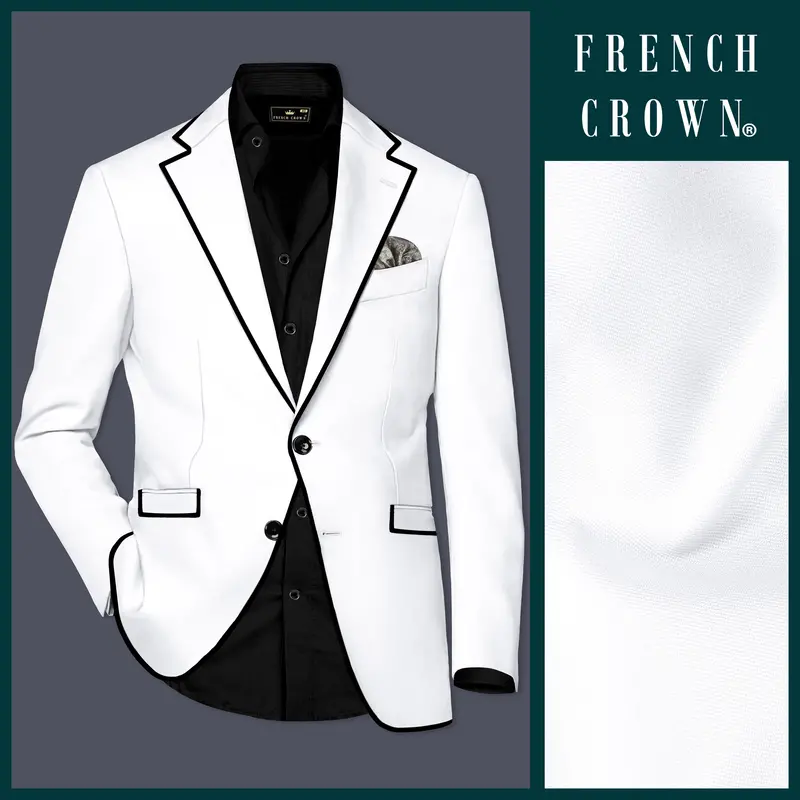 Zenith-Bright White Stretchable Subtle Sheen With Black Border Patterned Designer Blazer 1