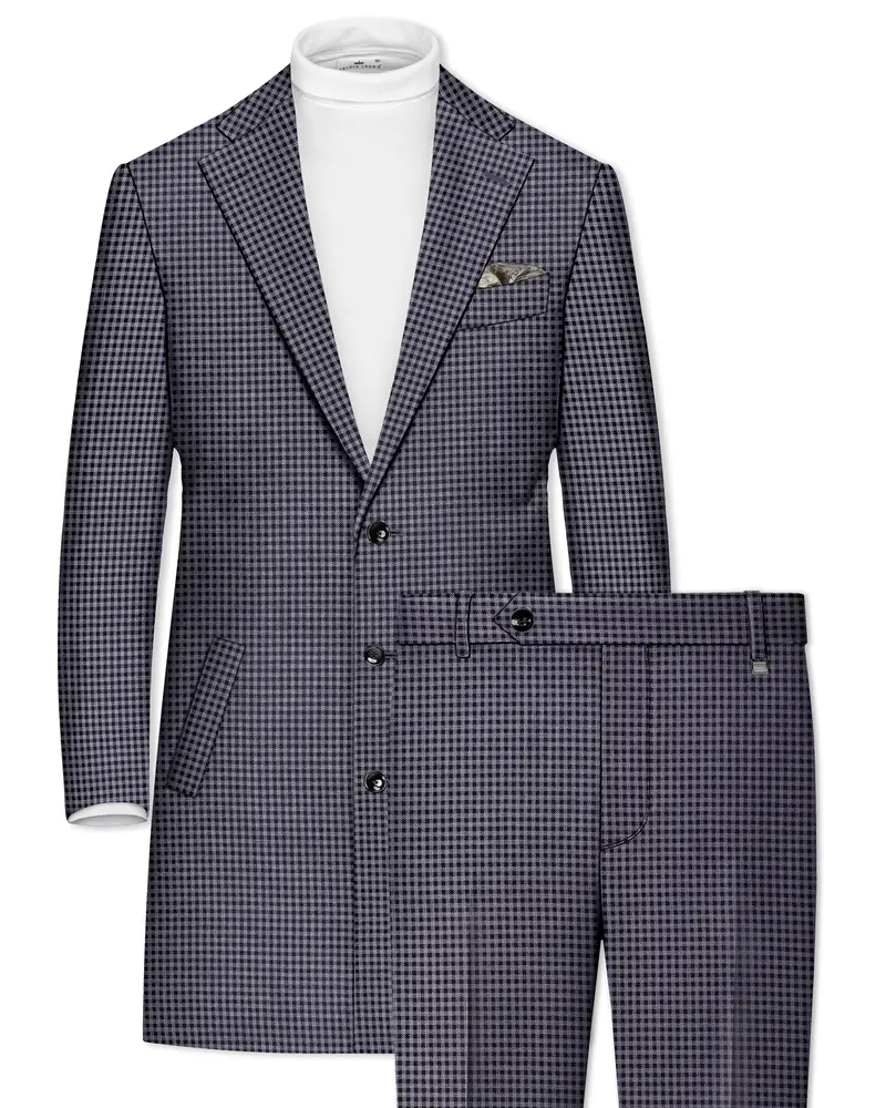 Zenith-Mirage Blue And Venus Gray Gingham Plaid Tweed Single Breasted Overcoat With Pant 1