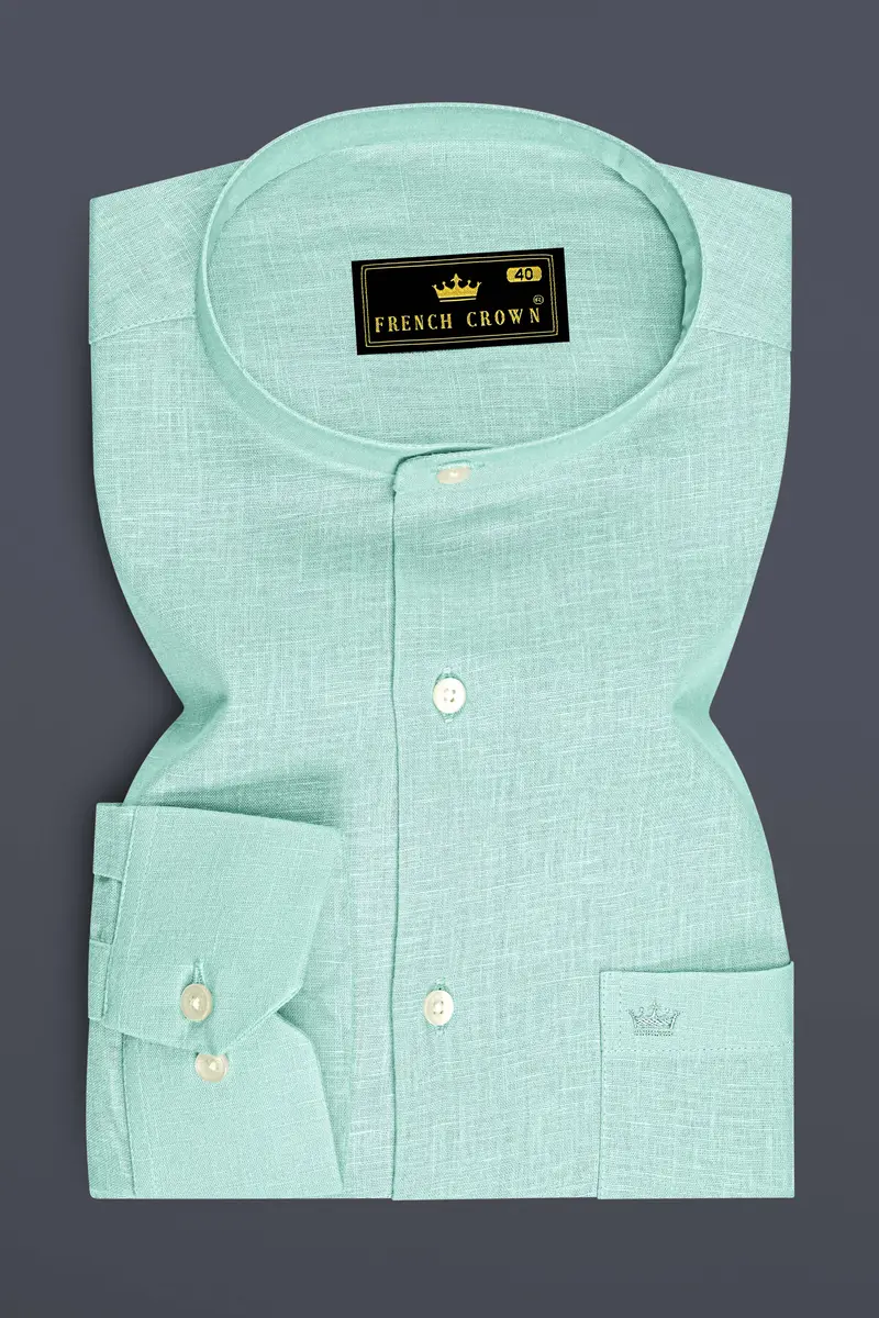 Zenith-Skeptic Blue Luxurious Linen Mandarin Dress Shirt 4