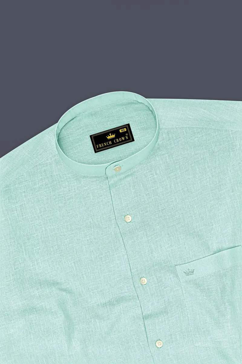 Zenith-Skeptic Blue Luxurious Linen Mandarin Dress Shirt 5