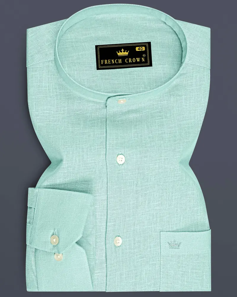 Zenith-Skeptic Blue Luxurious Linen Mandarin Dress Shirt 6