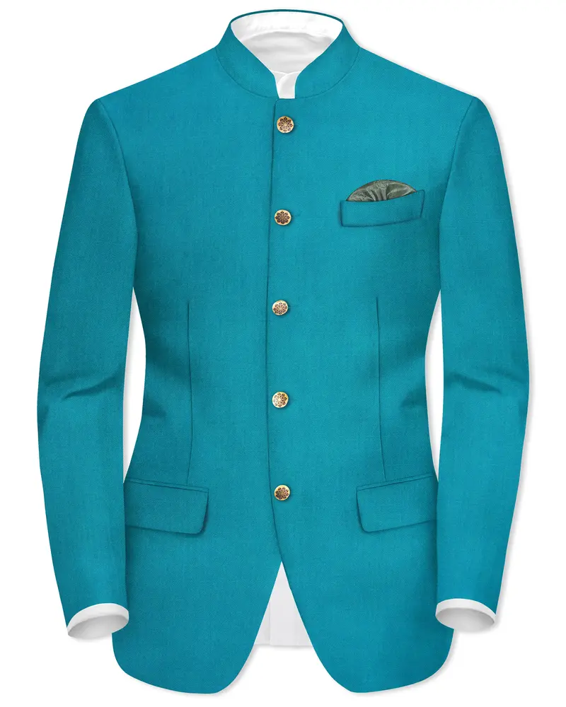 Zephir-Surfie Green Wool Rich Bandhgala Slight Stretch Blazer 1