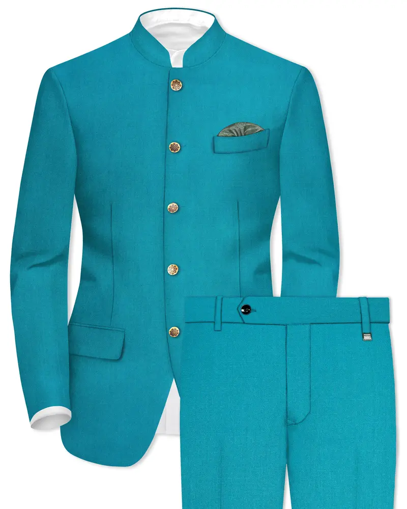 Zephir-Surfie Green Wool Rich Bandhgala Slight Stretch Suit 1