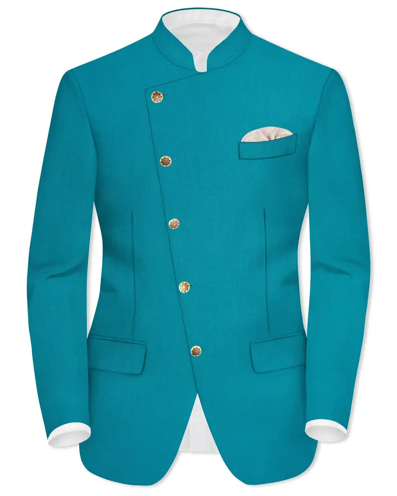 Zephir-Surfie Green Wool Rich Cross Placket Bandhgala Slight Stretch Blazer 1