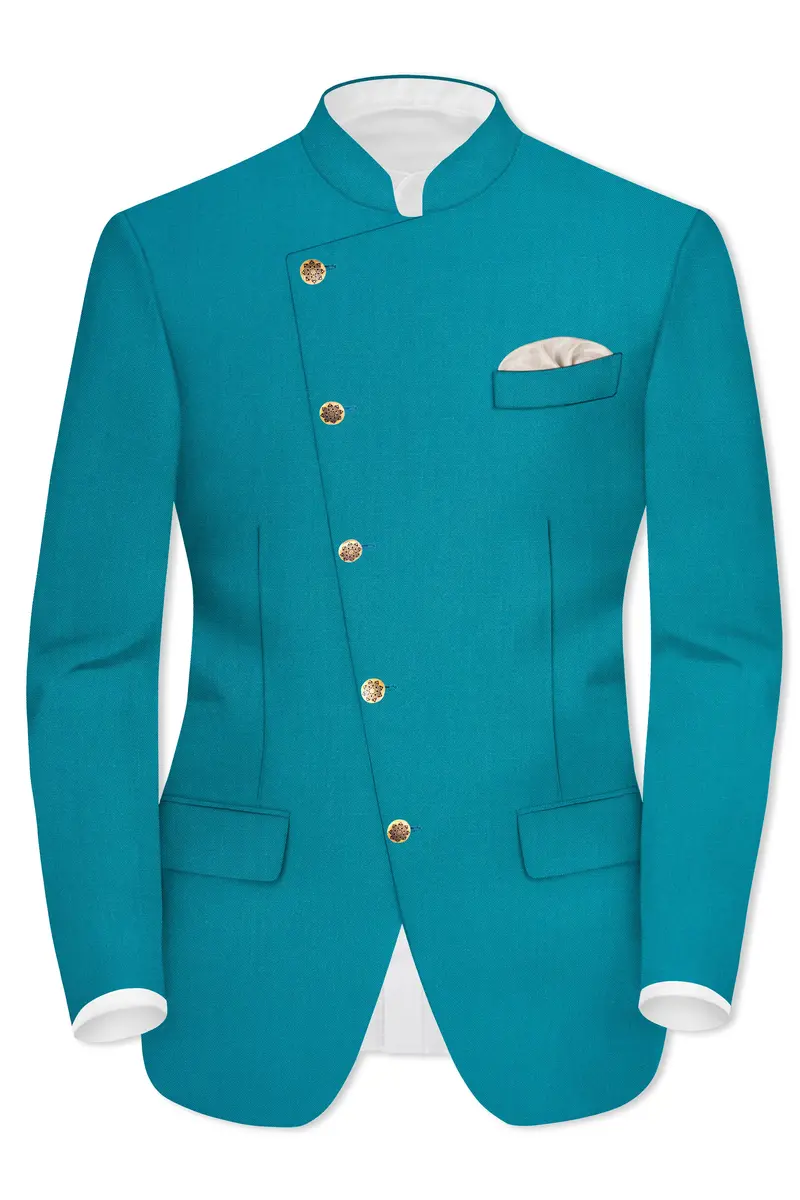 Zephir-Surfie Green Wool Rich Cross Placket Bandhgala Slight Stretch Blazer 2