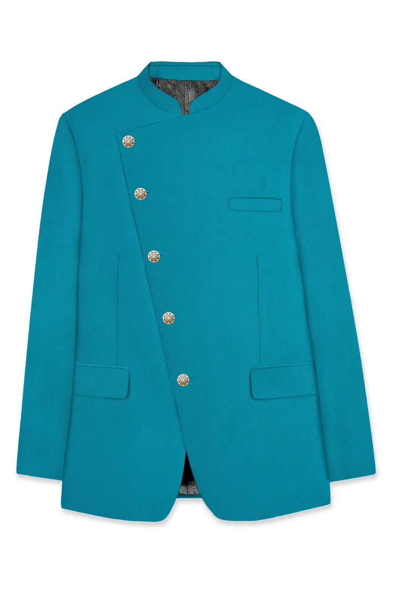 Zephir-Surfie Green Wool Rich Cross Placket Bandhgala Slight Stretch Blazer 6