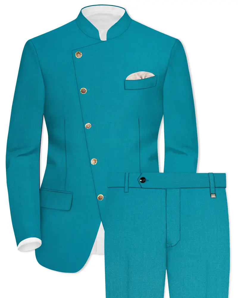 Zephir-Surfie Green Wool Rich Cross Placket Bandhgala Slight Stretch Suit 1