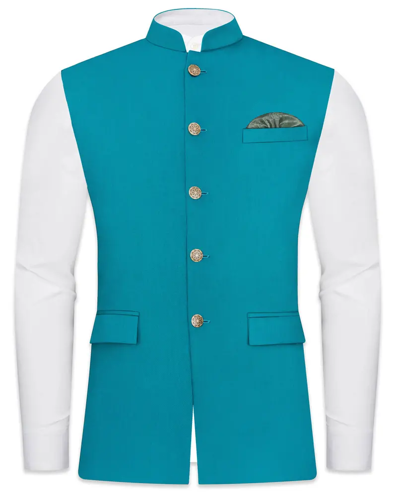 Zephir-Surfie Green Wool Rich Slight Stretch Nehru Jacket 1