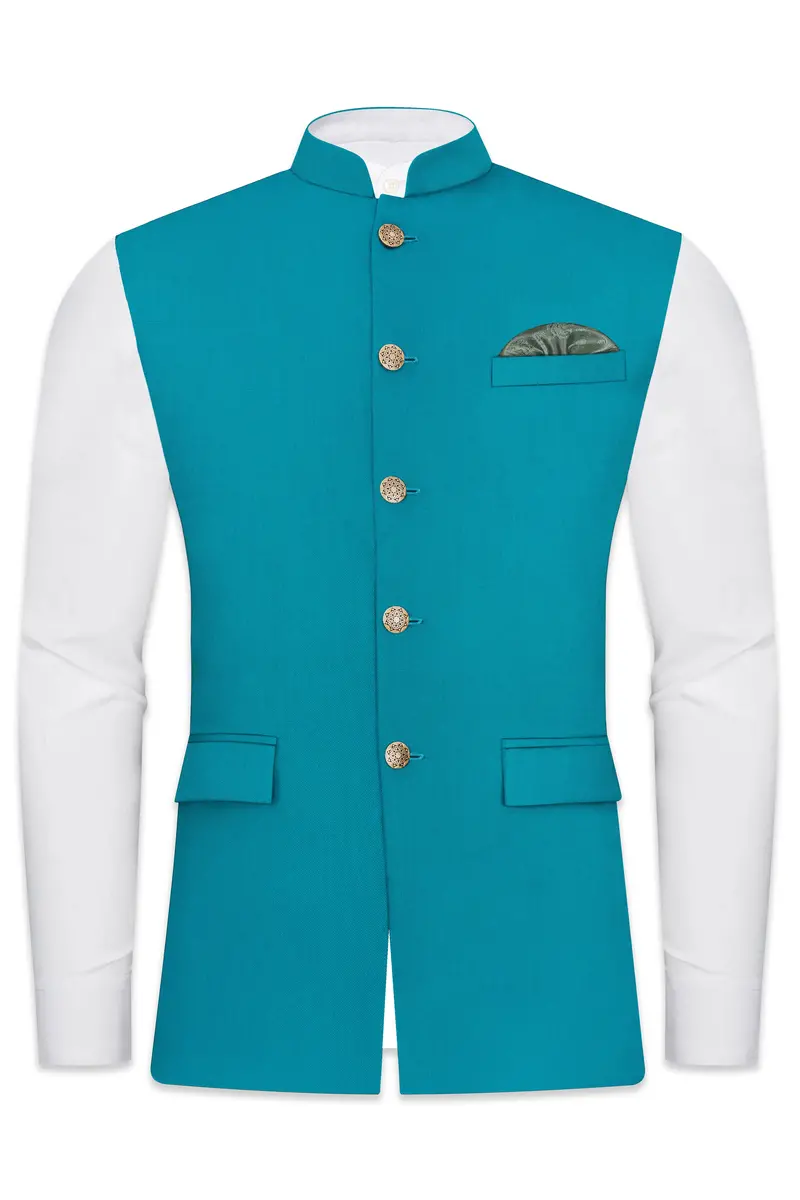 Zephir-Surfie Green Wool Rich Slight Stretch Nehru Jacket 2