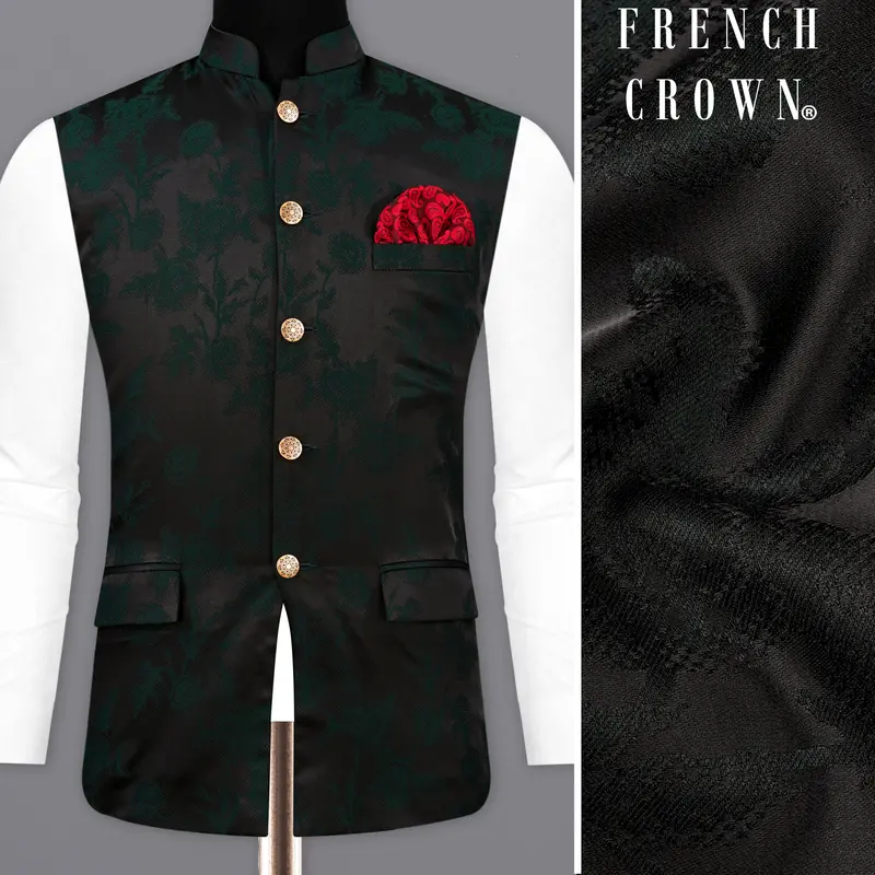 Zeus Black And Holly Dark Green Floral Printed Nehru Jacket 1
