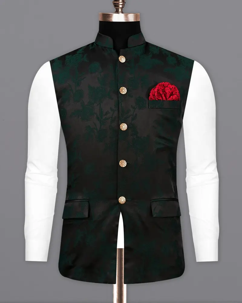 Zeus Black And Holly Dark Green Floral Printed Nehru Jacket 2