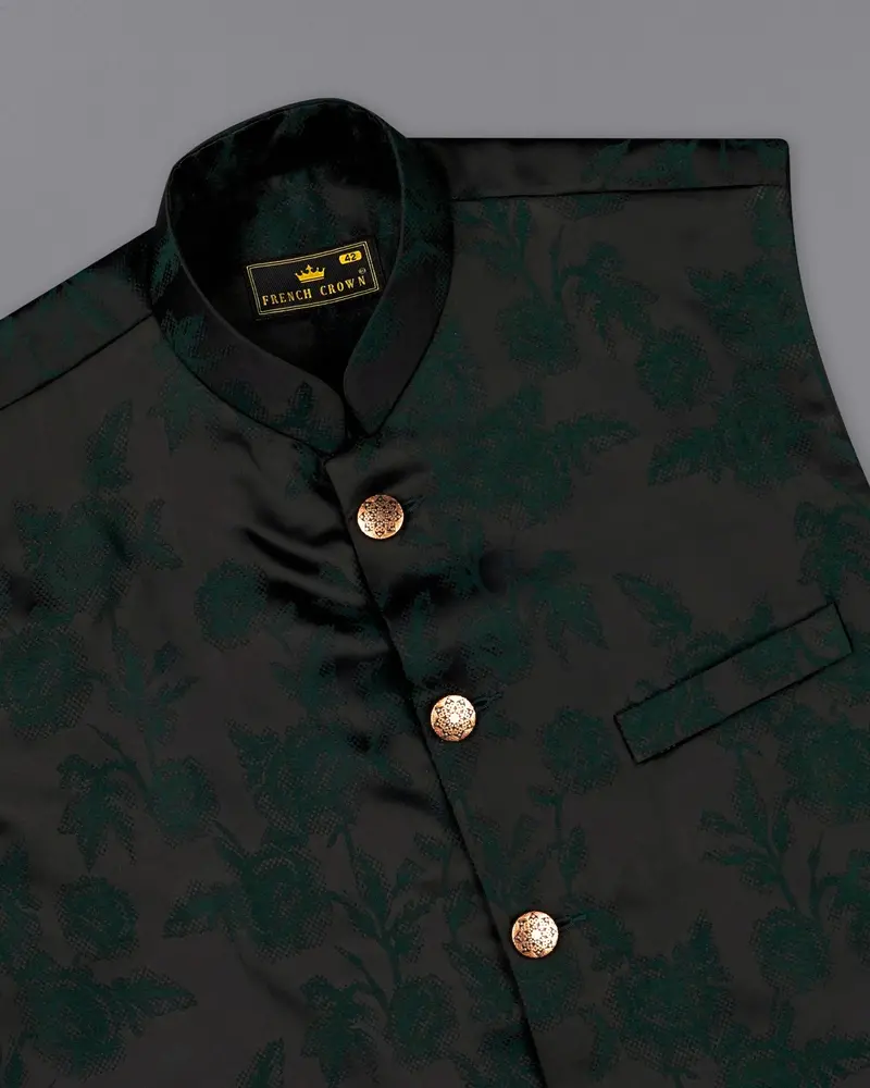 Zeus Black And Holly Dark Green Floral Printed Nehru Jacket 4