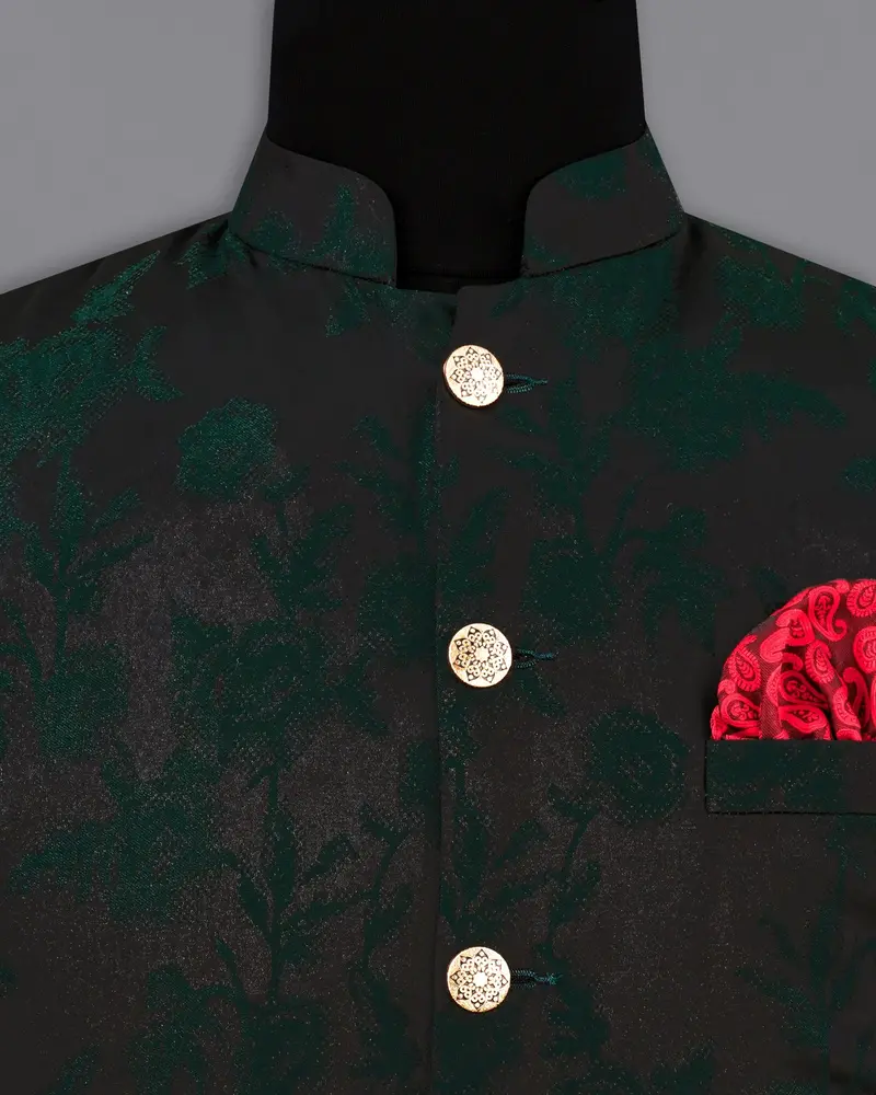 Zeus Black And Holly Dark Green Floral Printed Nehru Jacket 5