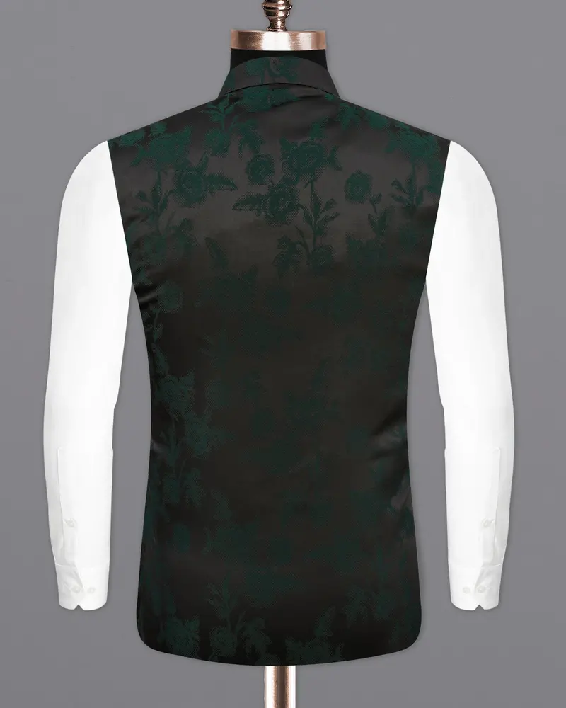 Zeus Black And Holly Dark Green Floral Printed Nehru Jacket 6