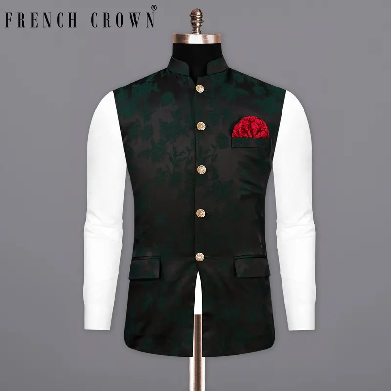 Zeus Black And Holly Dark Green Floral Printed Nehru Jacket 7