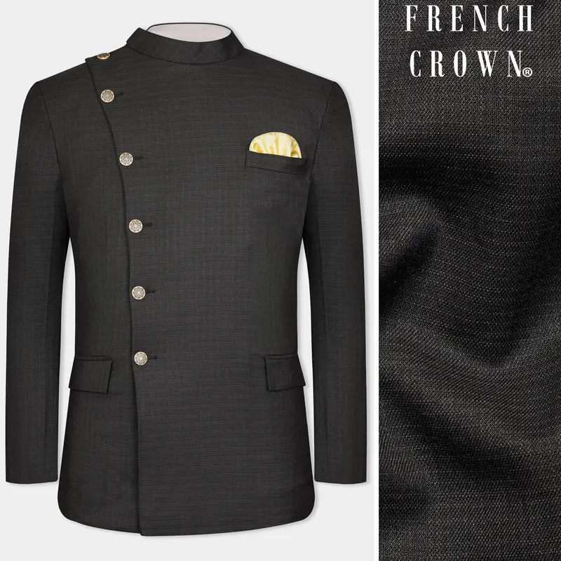 Zeus Black Subtle Checkered Wool Rich Cross Placket Bandhgala Blazer 1