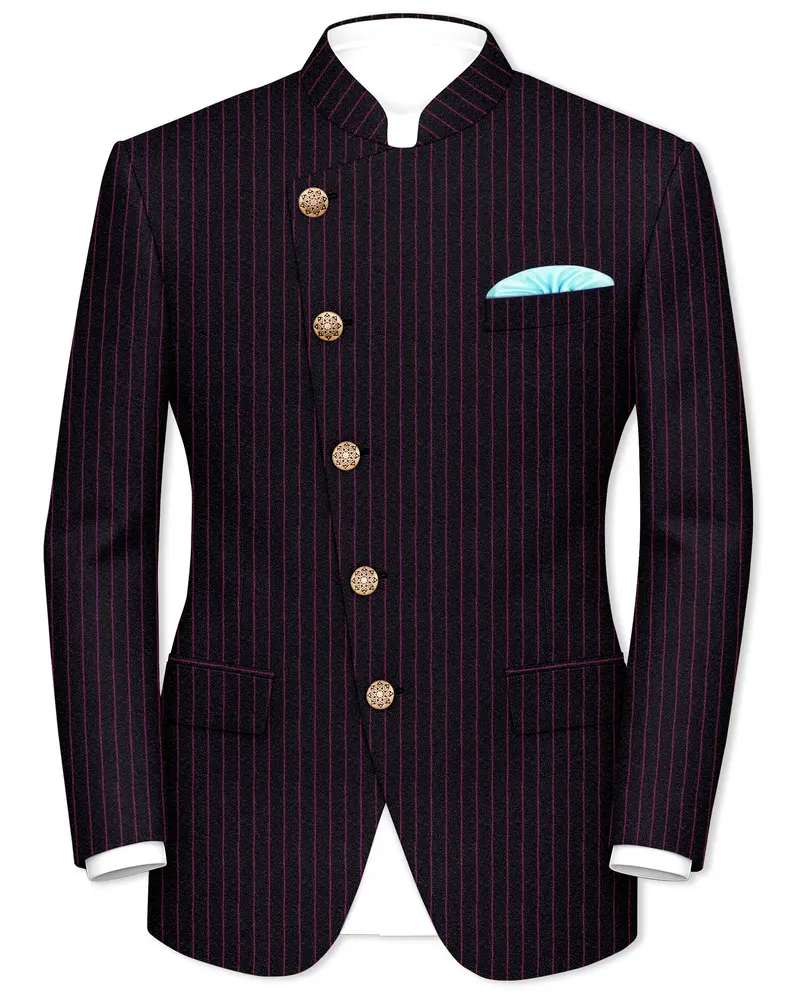 Zeus Black With Dark Mauve Pink Striped Cross Placket Bandhgala Blazer 1
