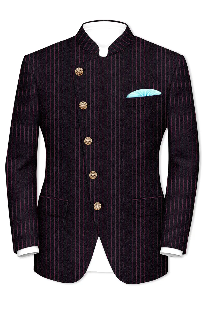 Zeus Black With Dark Mauve Pink Striped Cross Placket Bandhgala Blazer 2