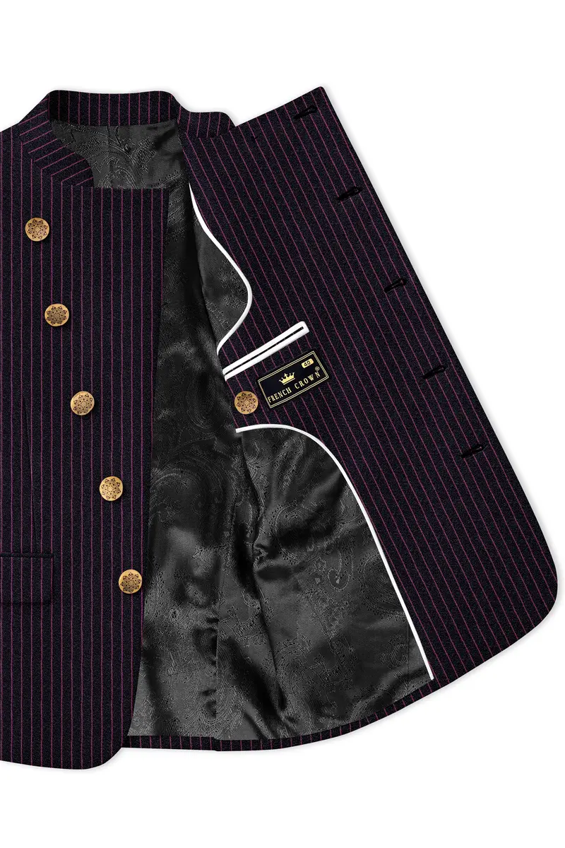 Zeus Black With Dark Mauve Pink Striped Cross Placket Bandhgala Blazer 4