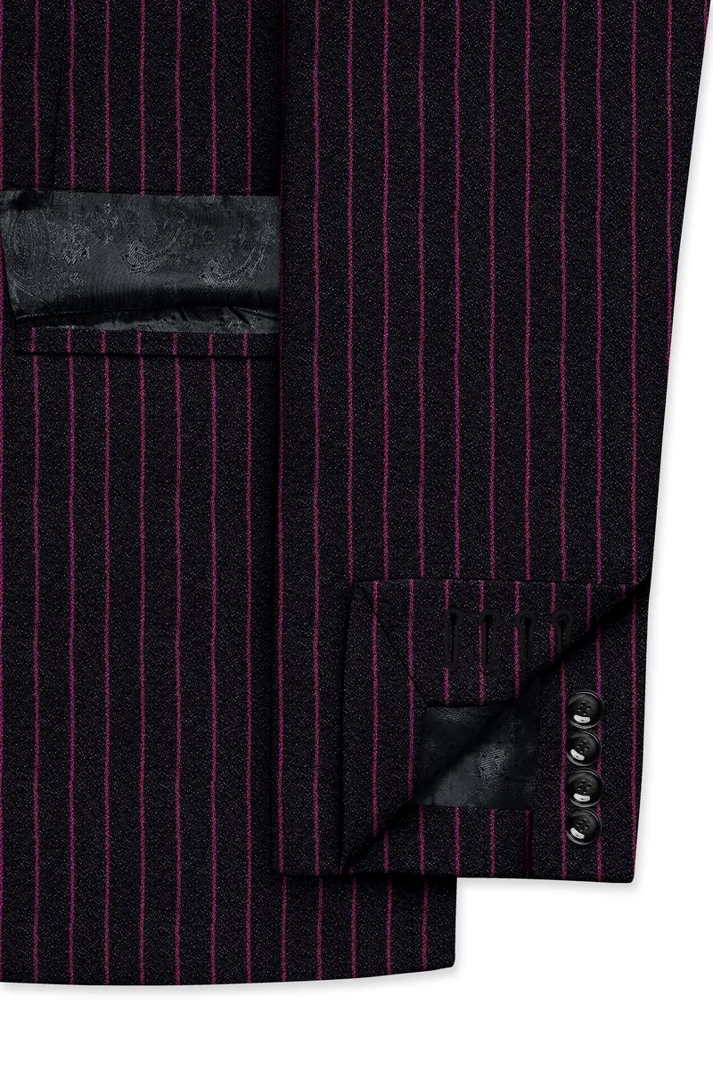 Zeus Black With Dark Mauve Pink Striped Cross Placket Bandhgala Blazer 5