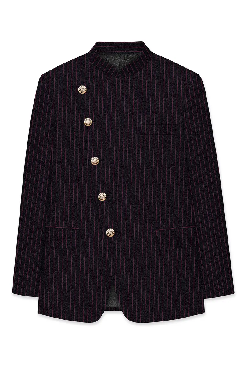 Zeus Black With Dark Mauve Pink Striped Cross Placket Bandhgala Blazer 6